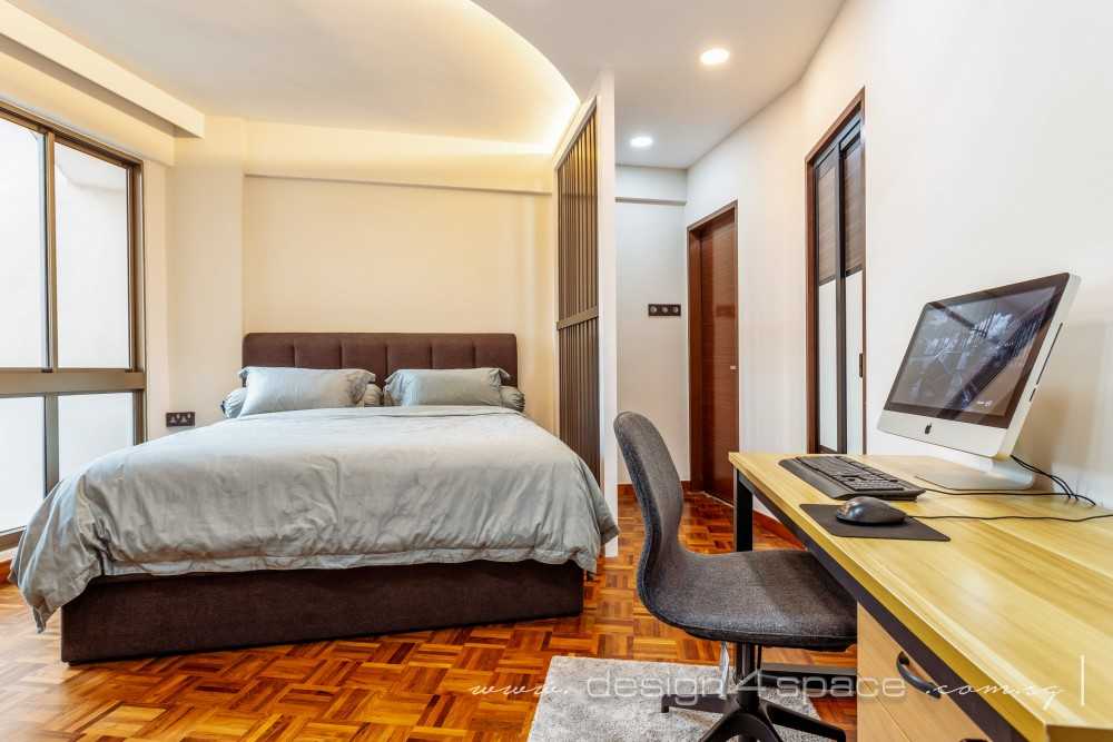 Contemporary Bedroom with Parquet Floor and Drop Light