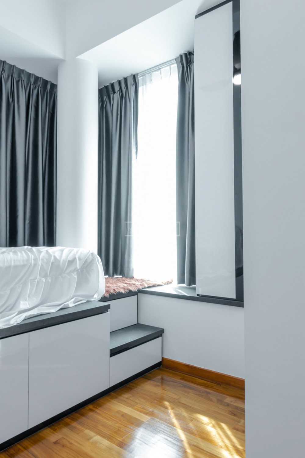 Contemporary Bedroom with Platform Bed and Parquet Floor