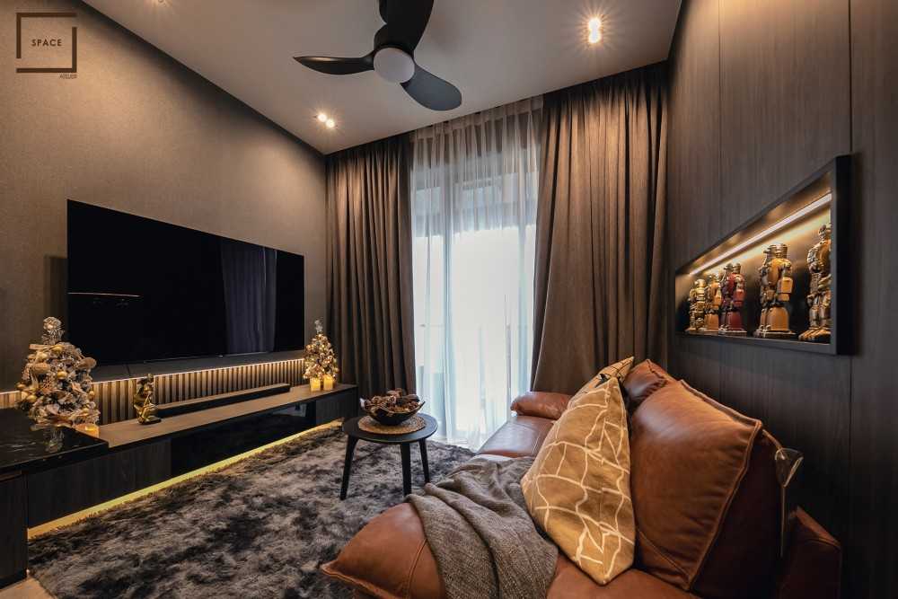 Contemporary Living Room with Homogeneous Tiles and TV Console