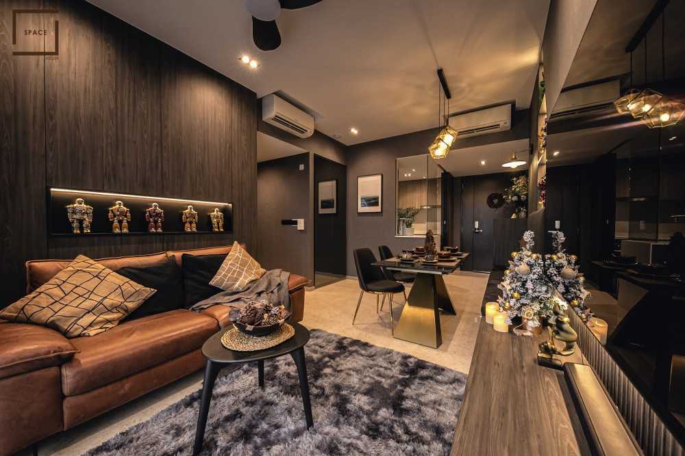 Contemporary Living Room with Homogeneous Tiles and TV Console