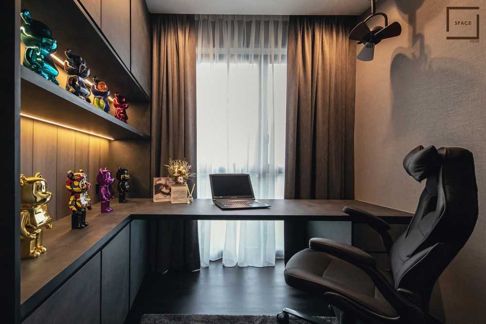 Contemporary Home Office with Wallpaper and Desk