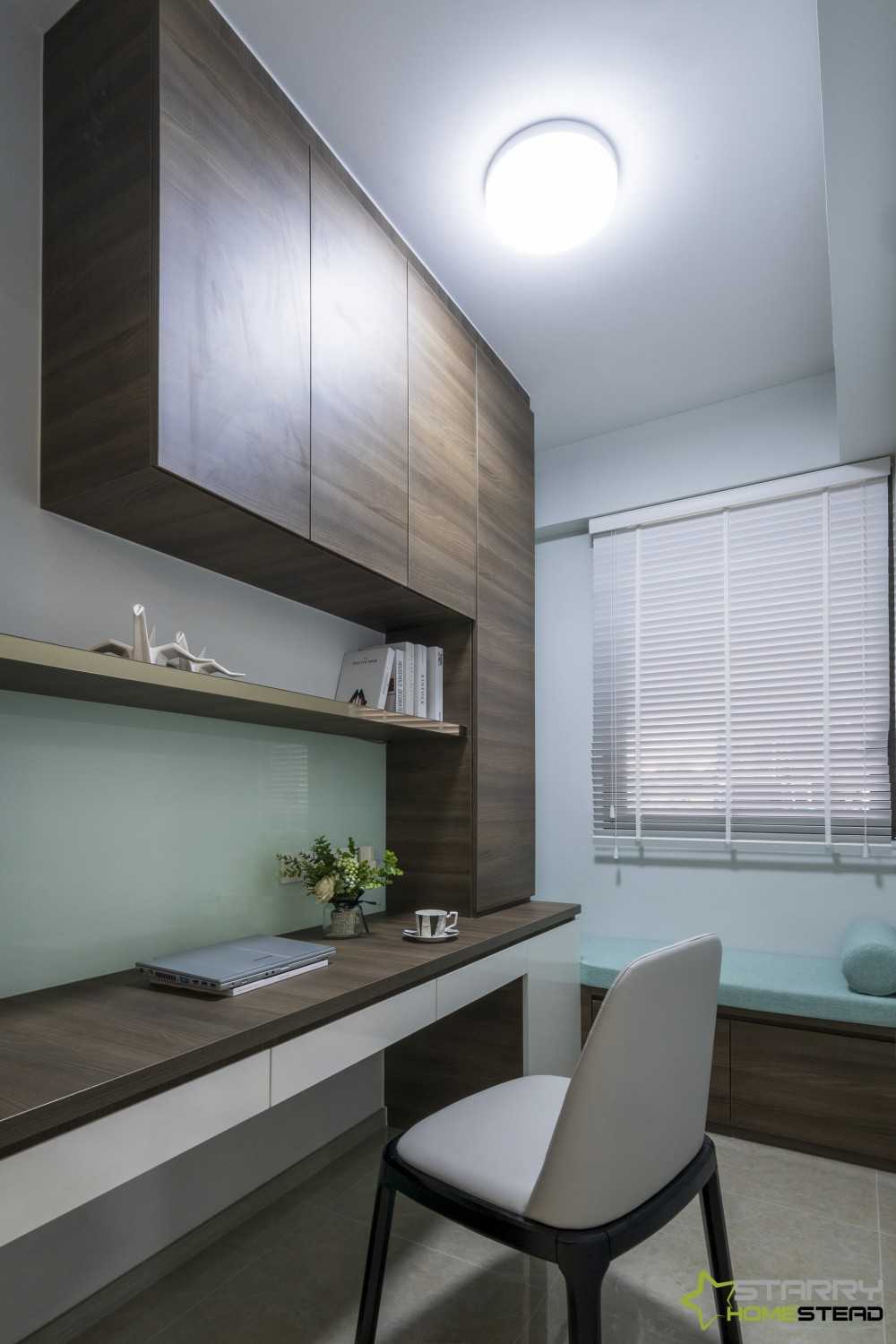 Modern Study with Desk Chairs and Wall Shelves