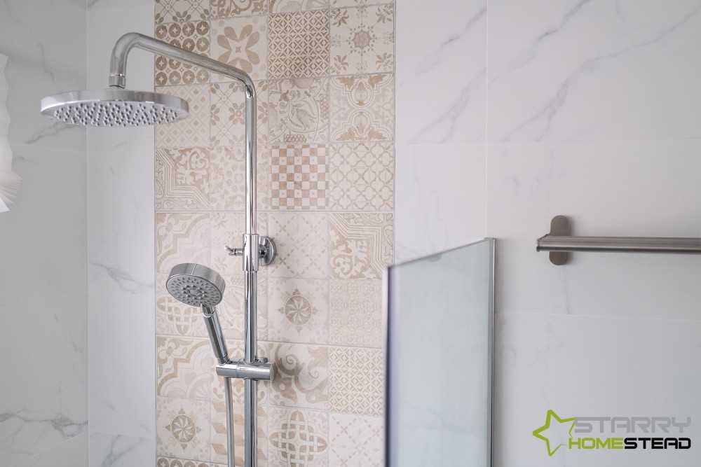 Scandinavian Bathroom with Marble Floor and Rainshower
