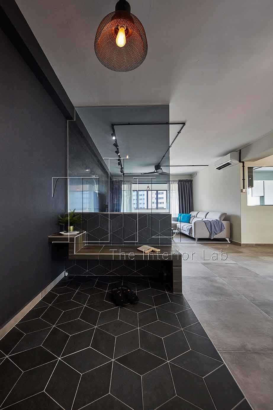Eclectic Entryway with Homogeneous Tiles and Seating Bench