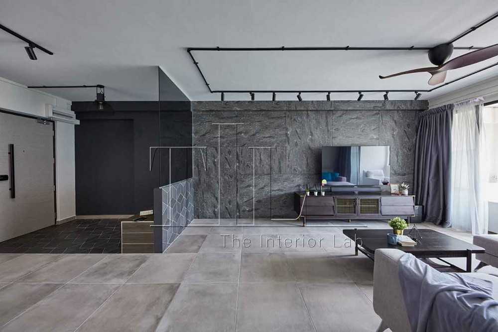 Eclectic Living Room with Homogeneous Tiles and Feature Wall