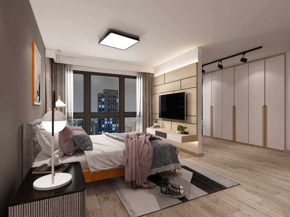 Modern Bedroom with Vinyl Flooring and TV Console