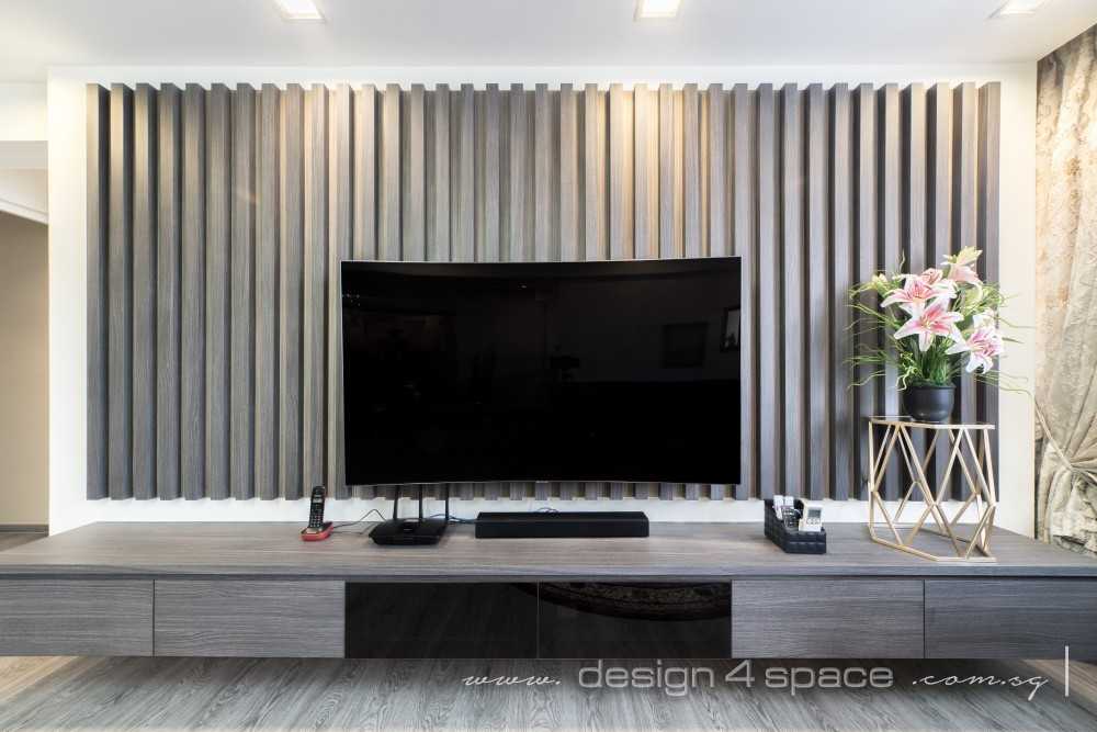 Asian Living Room with TV Console and Feature Wall