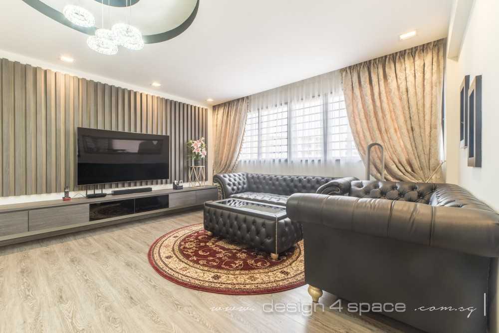 Asian Living Room with TV Console and Feature Wall