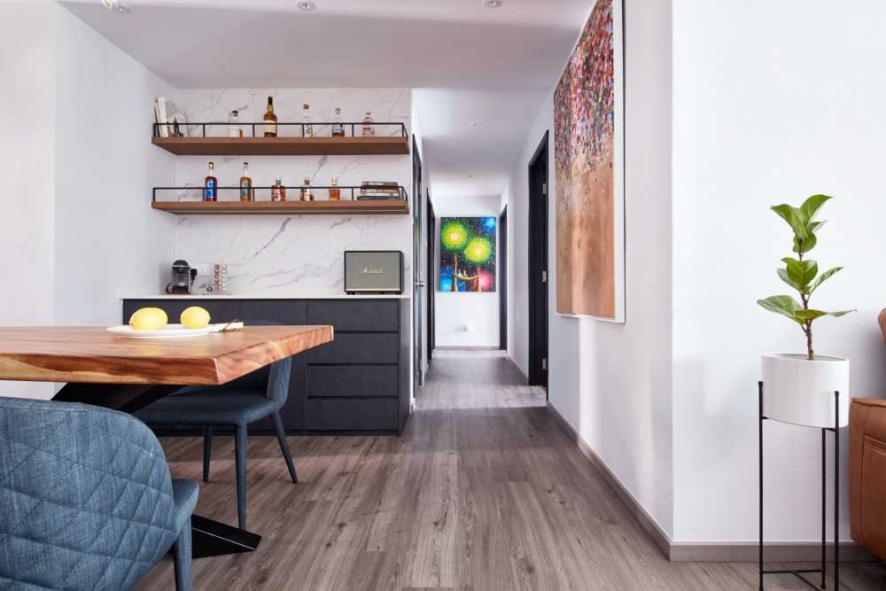 Modern Hallway with Dining Table and Paintings