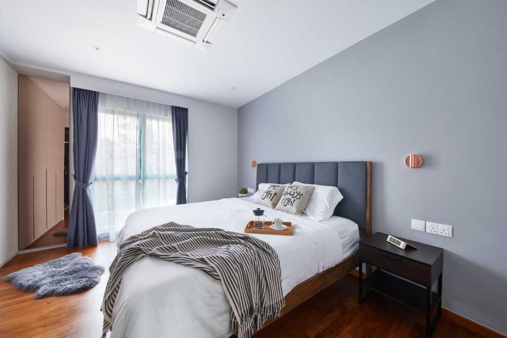 Modern Bedroom with Wood Flooring and Side Table