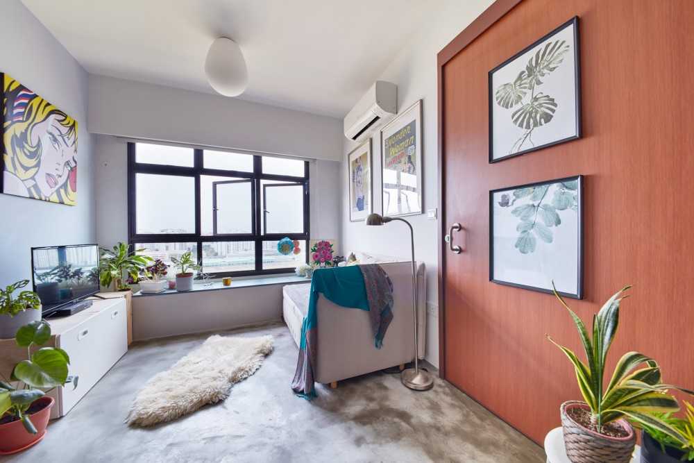 Eclectic Living Room with TV Console and Bay Window