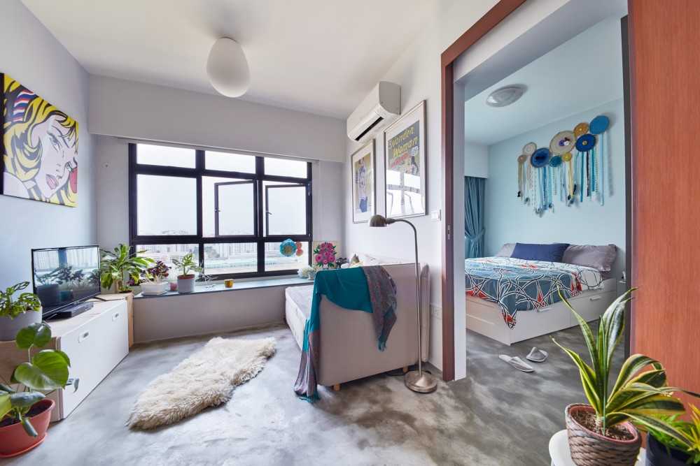 Eclectic Living Room with TV Console and Bay Window