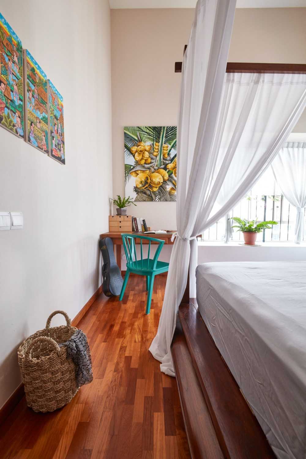 Country Bedroom with Wood Flooring and Console Table
