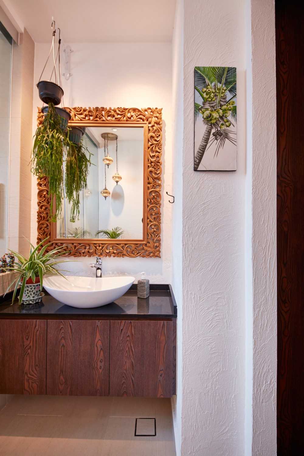 Country Bathroom with Mirror and Planters