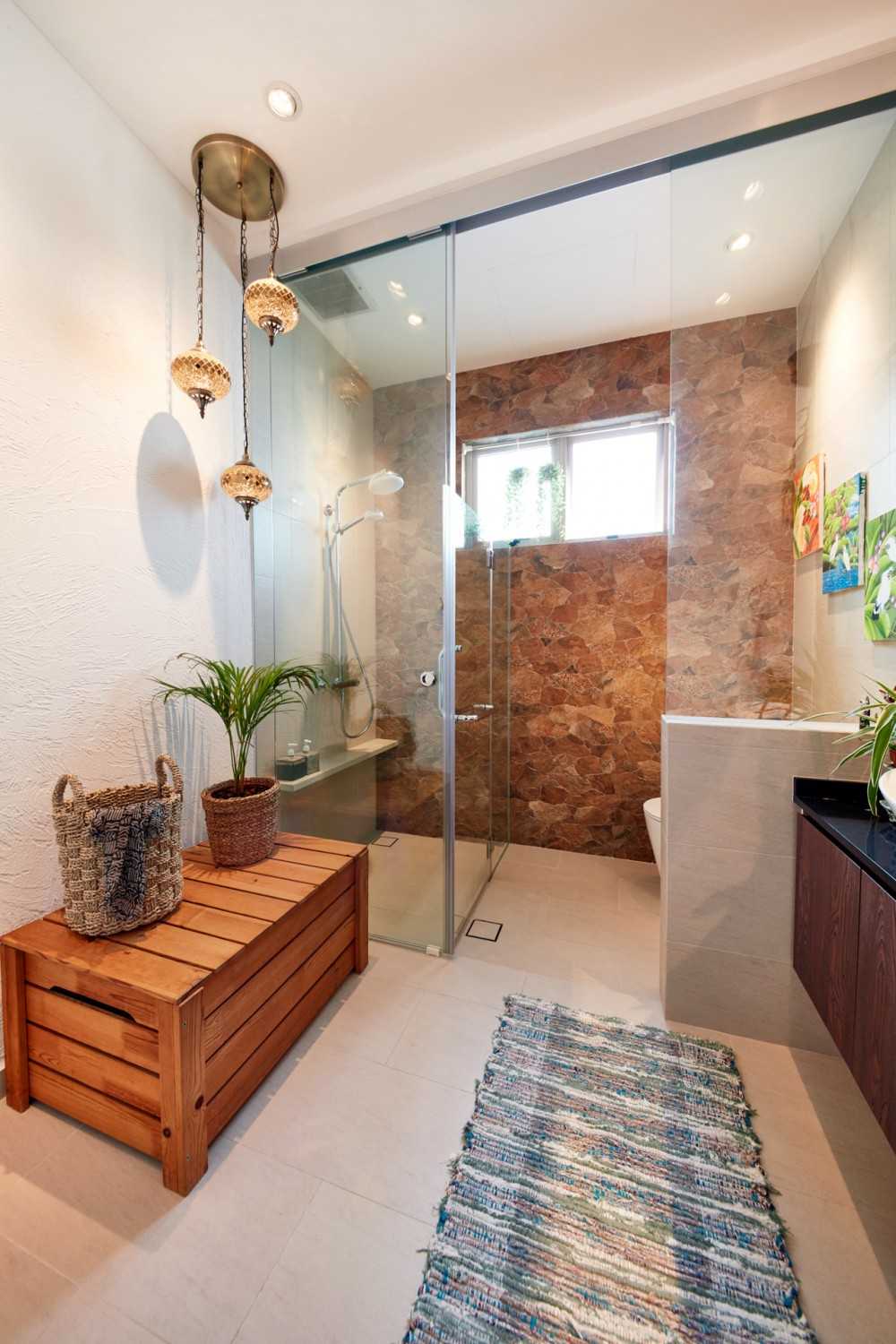 Country Bathroom with Drop Light and Bathroom Storage