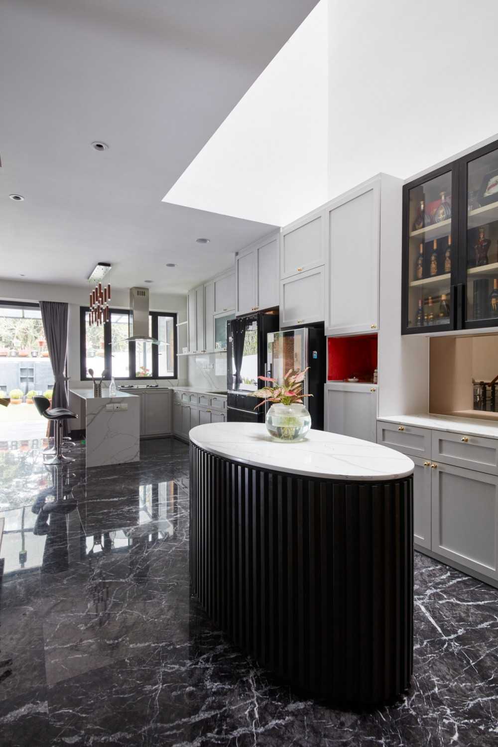 Modern Wine Cellar with Kitchen Island and Shelving Units