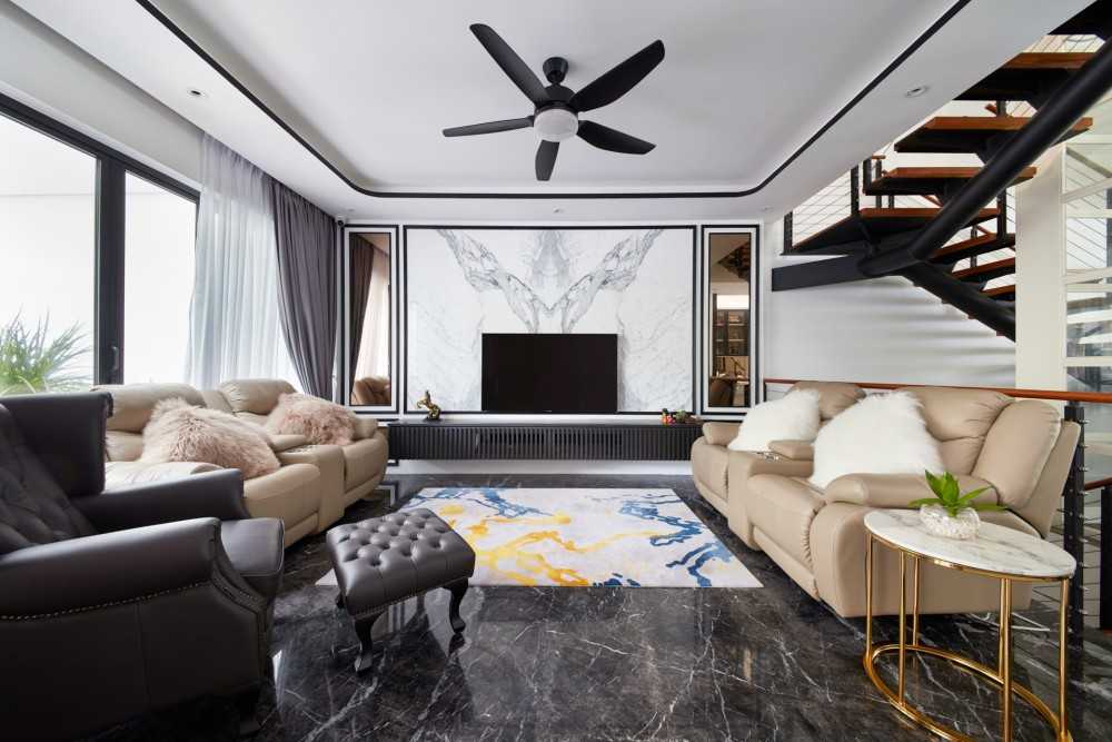 Modern Living Room with Feature Wall and Ceiling Fan