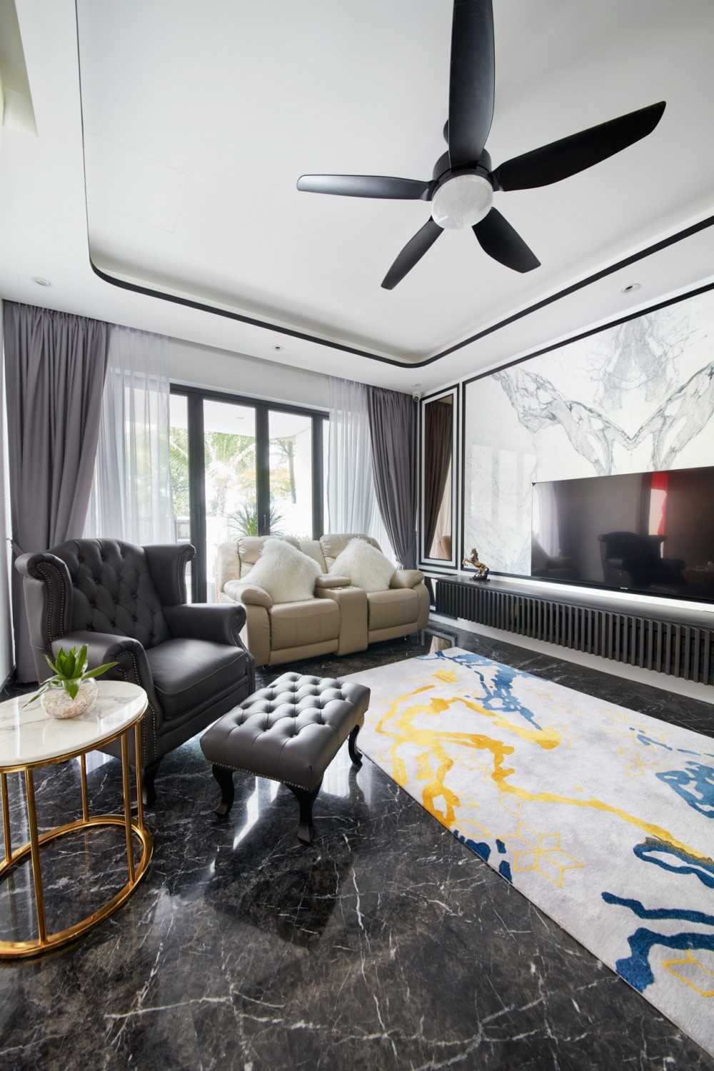 Modern Living Room with Feature Wall and Ceiling Fan