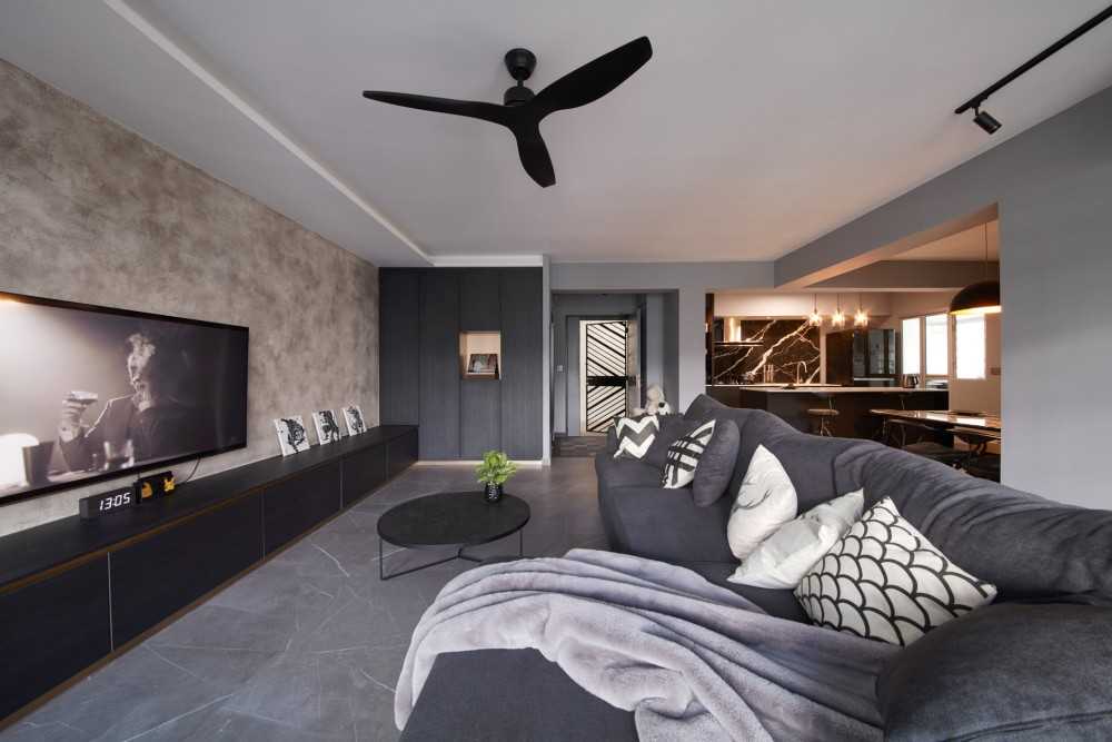 Modern Living Room with Granite Floor and TV Console