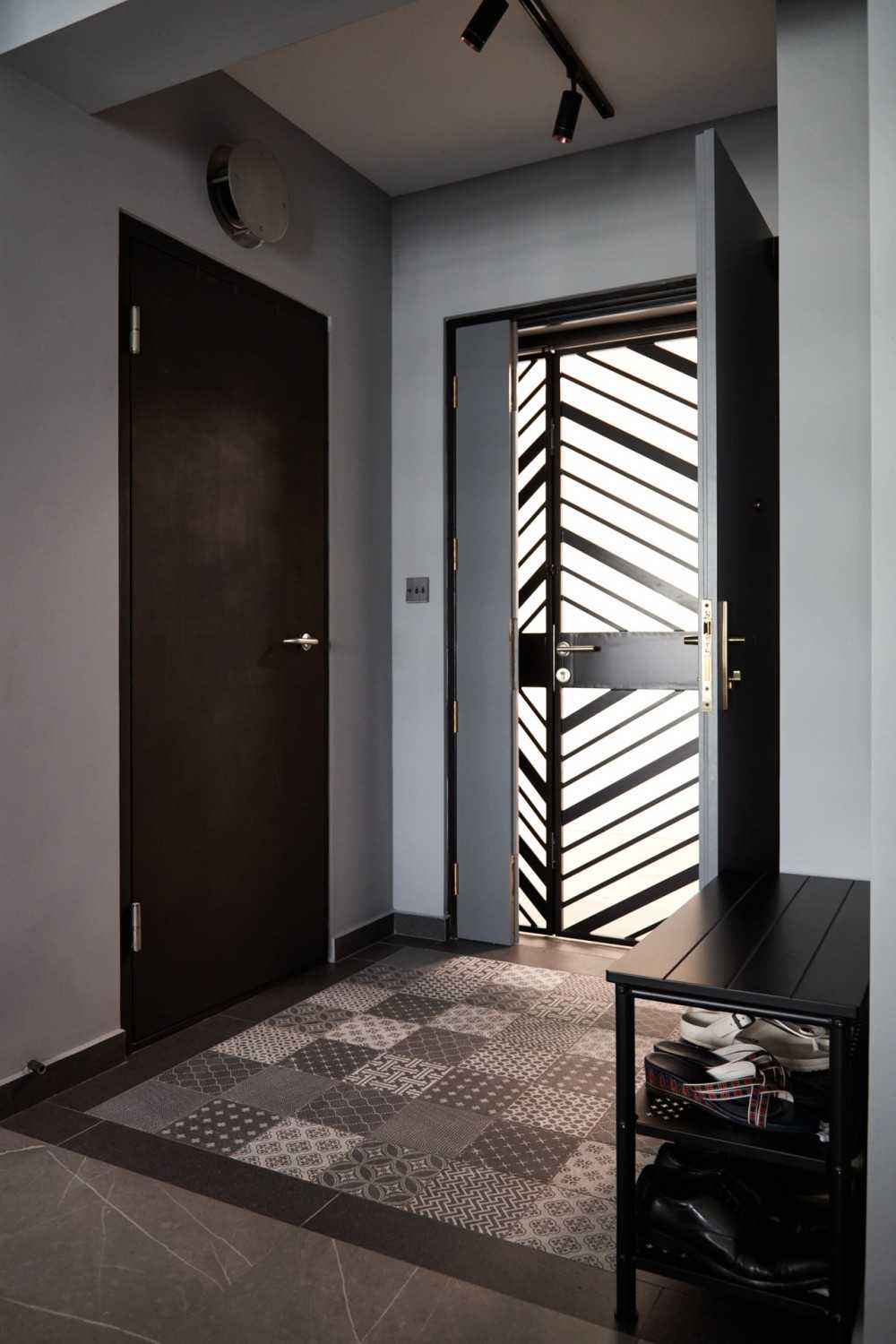 Modern Entryway with Metal Gate and Shoe Cabinets