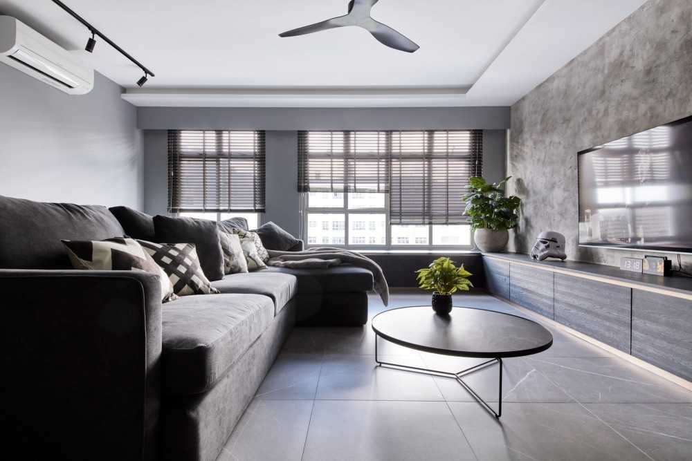 Modern Living Room with Granite Floor and TV Console