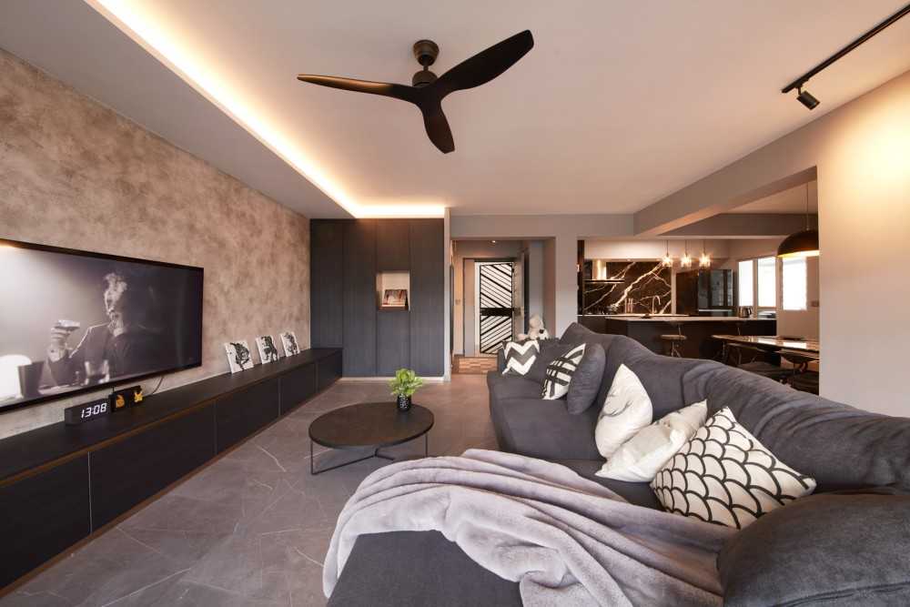 Modern Living Room with TV Console and Cove Lighting