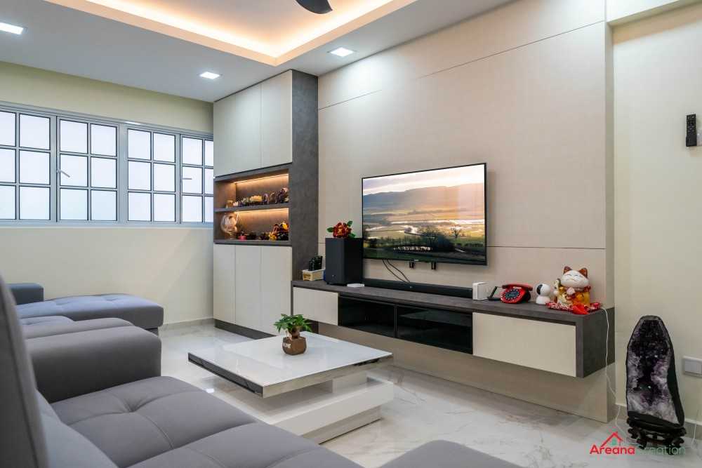 Contemporary Living Room with Homogeneous Tiles and Feature Wall