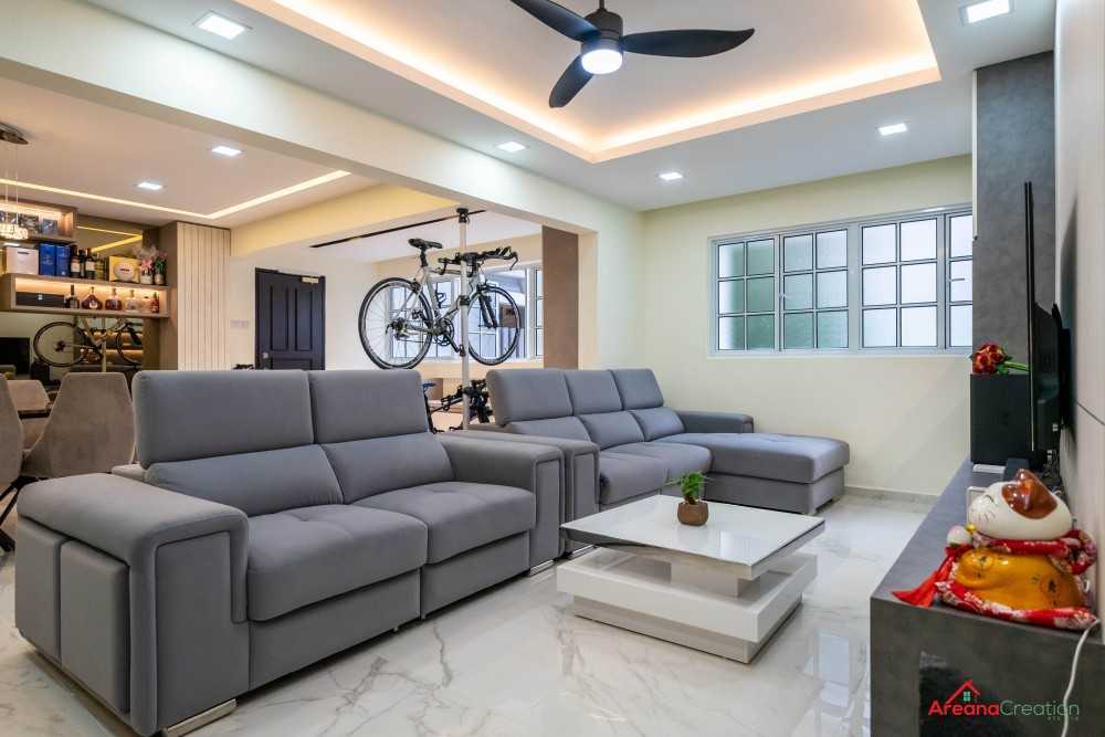 Contemporary Living Room with Homogeneous Tiles and TV Console
