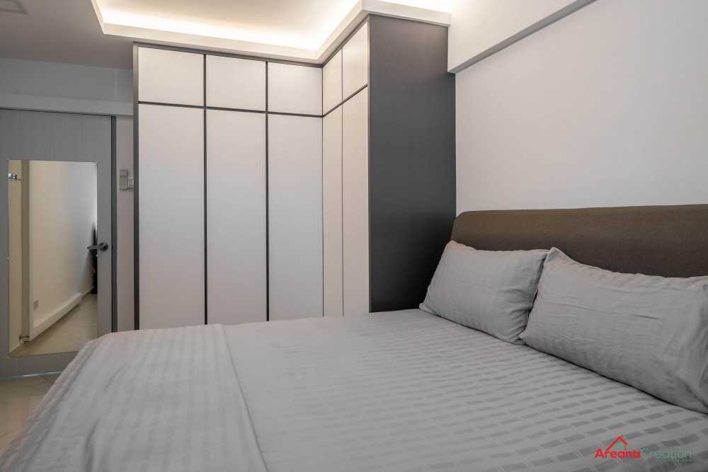 Contemporary Bedroom with Marble Floor and Cove Lighting