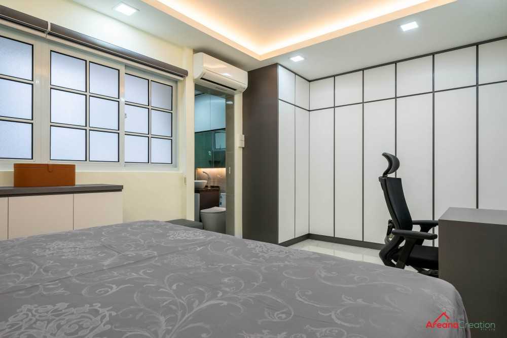 Contemporary Bedroom with Homogeneous Tiles and Bay Window