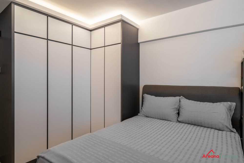 Contemporary Bedroom with Homogeneous Tiles and Cove Lighting