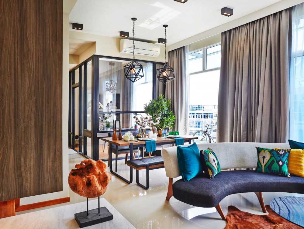 Industrial Living Room with Marble Floor and Ceiling Light