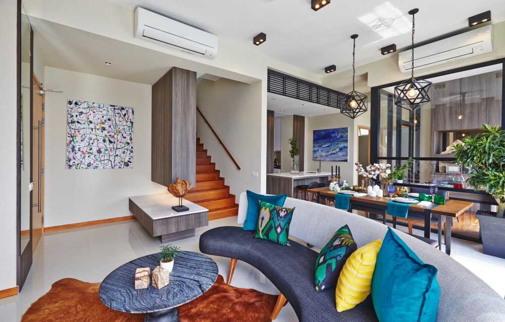 Industrial Living Room with Marble Floor and Sofa