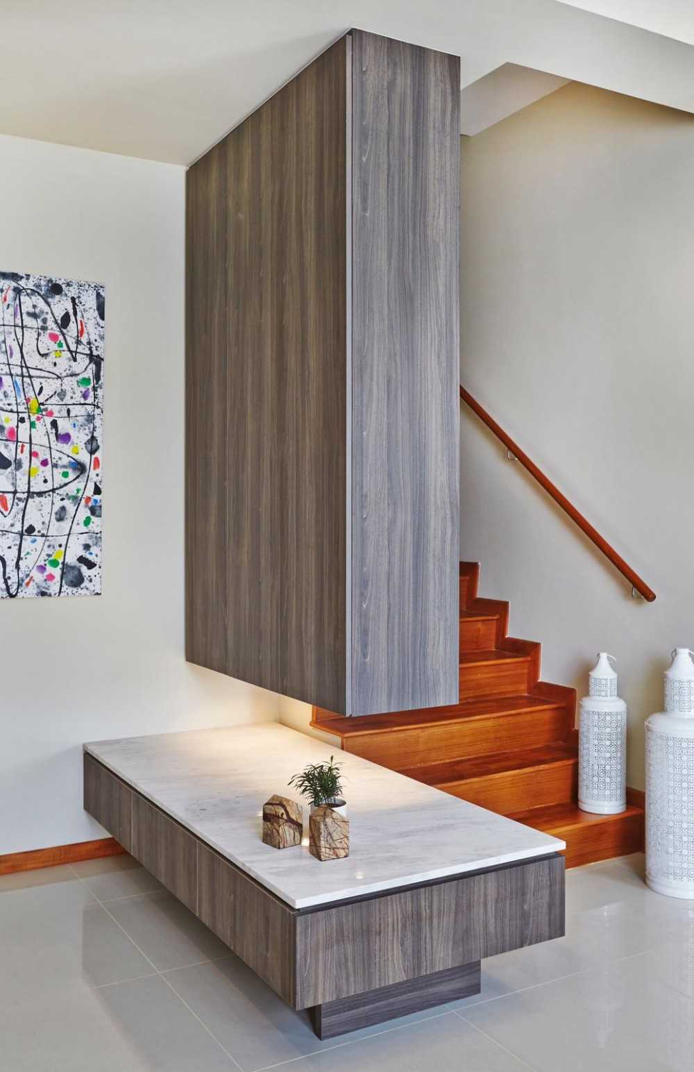 Industrial Living Room with Marble Floor and Feature Wall