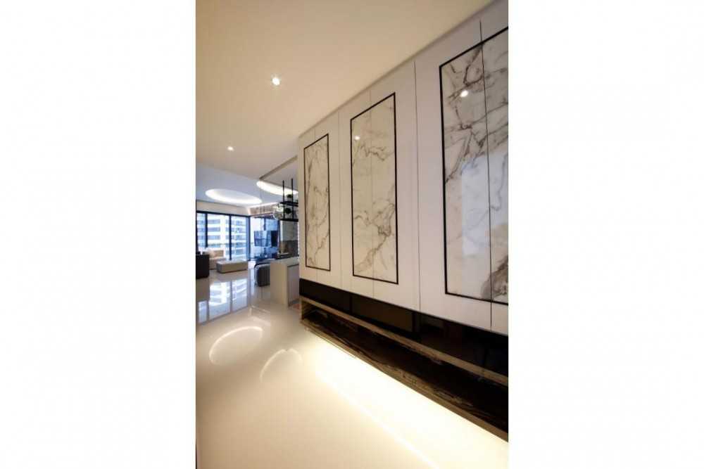 Contemporary Hallway with Feature Wall and Storage Cabinets