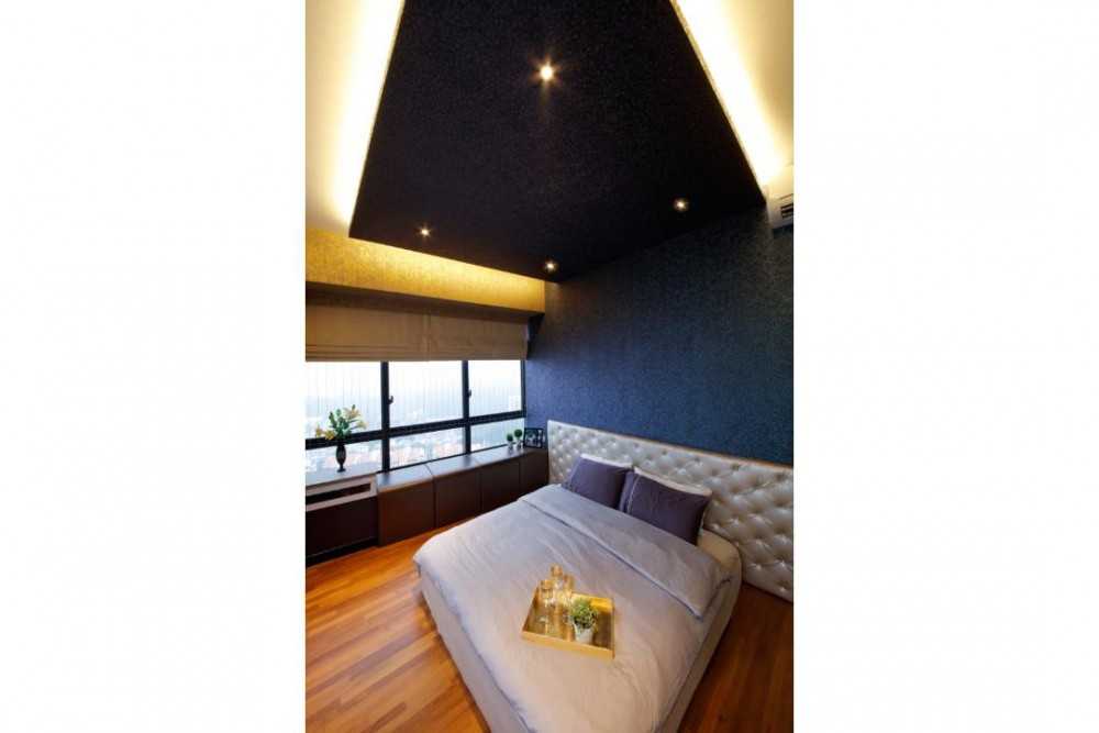 Contemporary Bedroom with Wood Flooring and Ceiling Light