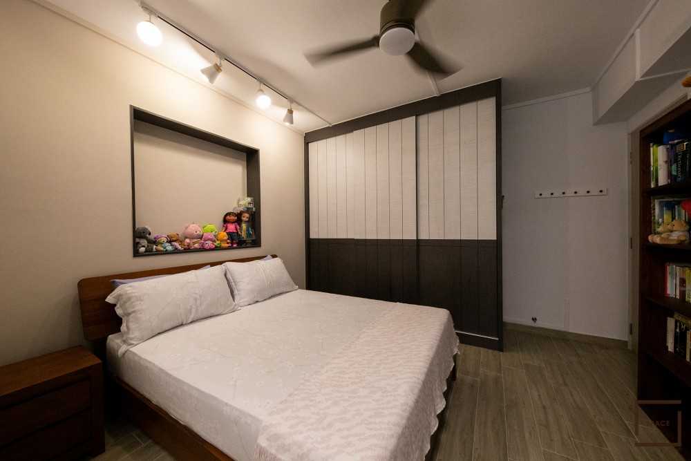 Contemporary Bedroom with Bookshelf and Vinyl Flooring