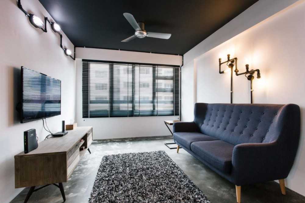 Industrial Living Room with TV Console and Ceiling Fan