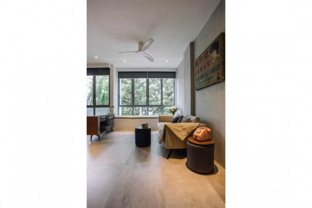 Minimalist Living Room with Cement Floor and TV Console