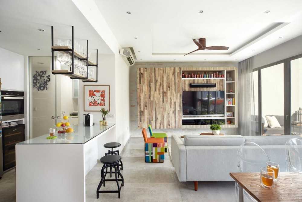 Eclectic Living Room with TV Console and Feature Wall