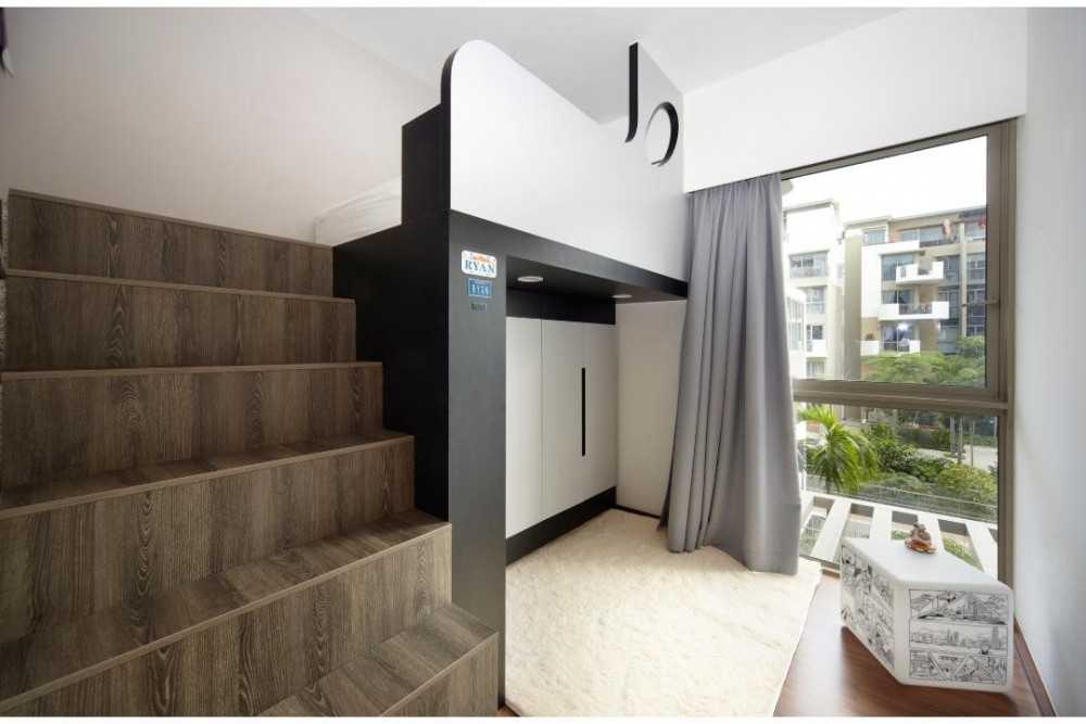 Eclectic Bedroom with Staircase and Bed