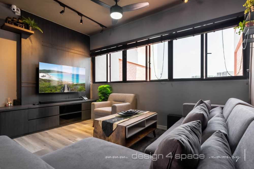 Contemporary Living Room with Homogeneous Tiles and TV Console