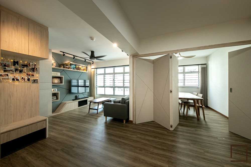 Scandinavian Living Room with Parquet Floor and TV Console