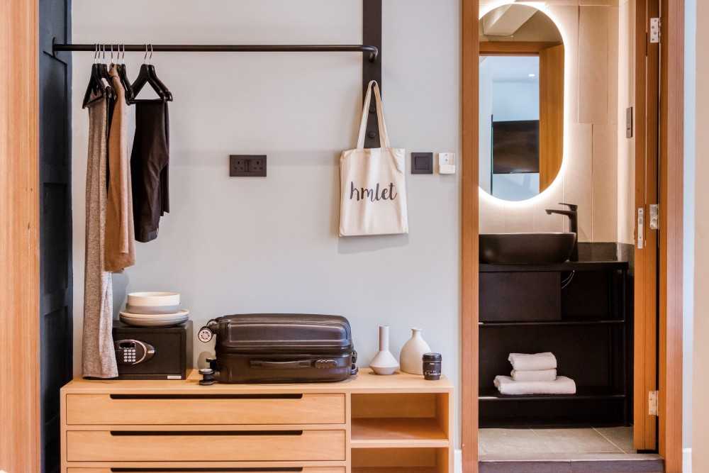 Transitional Bathroom with Mirror and Coat Rack