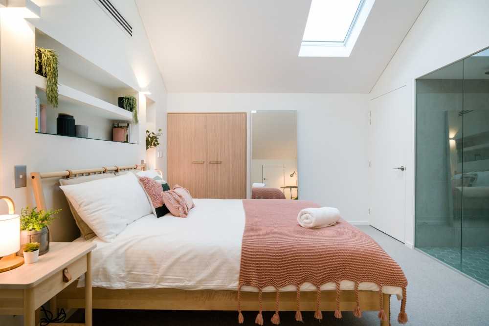 Eclectic Bedroom with Side Table and Queen Bed