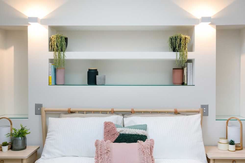 Eclectic Bedroom with Bedside Table and Queen Bed