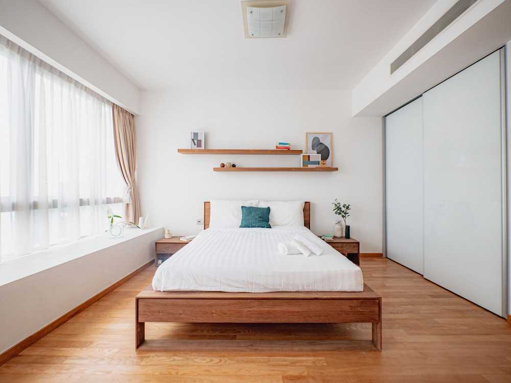 Scandinavian Bedroom with Parquet Floor and Bay Window