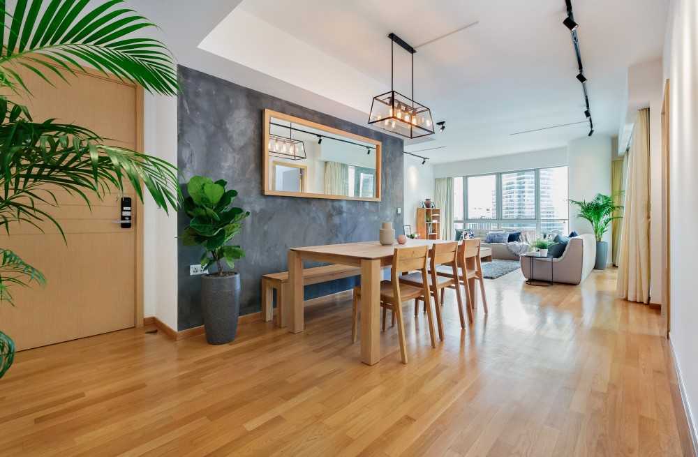 Scandinavian Dining Room with Mirror and Seating Bench
