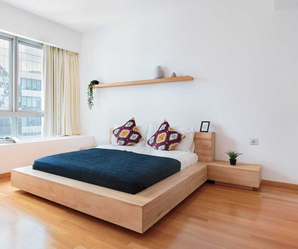 Scandinavian Bedroom with Platform Bed and Parquet Floor