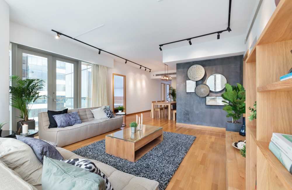 Scandinavian Living Room with Mirror and Wall Shelves